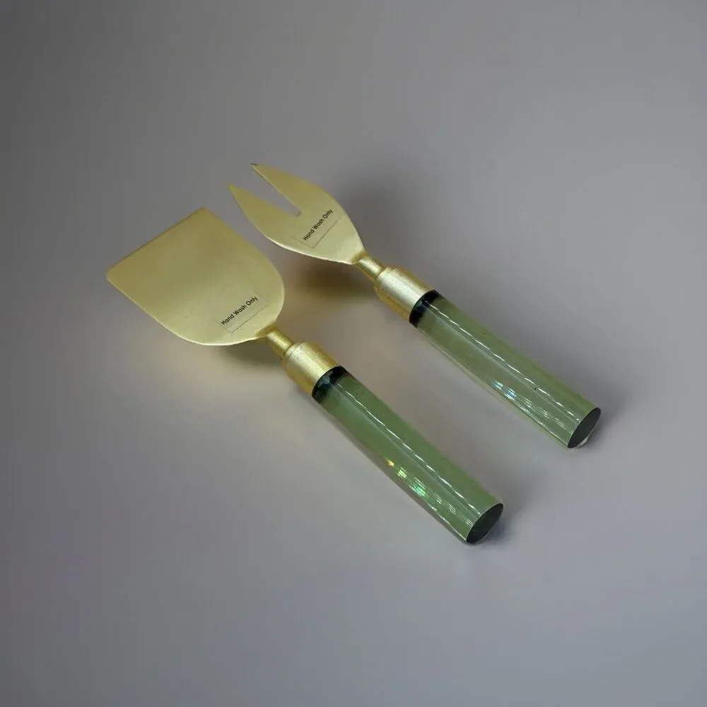 Mid-Century Modern Brass Cheese Server Set With Light Green Lucite Handles